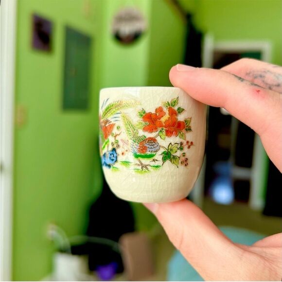 Oriental Vintage Rustic Retro Floral Bird Mini Cup Mug Collectible Set of 3 - Picture 8 of 11